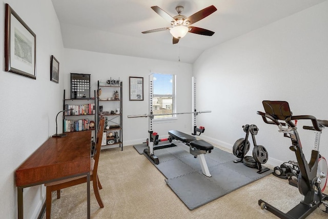 workout area with a ceiling fan, baseboards, and light colored carpet