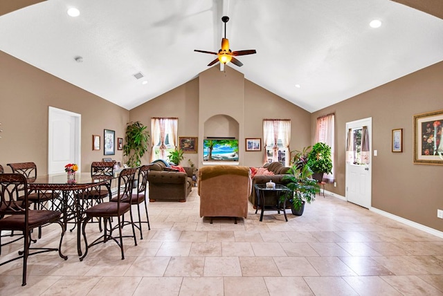 316 County Rd, Bastrop, TX 78602 - living room with healthy amount of natural light, ceiling fan, high vaulted ceiling, and recessed lighting