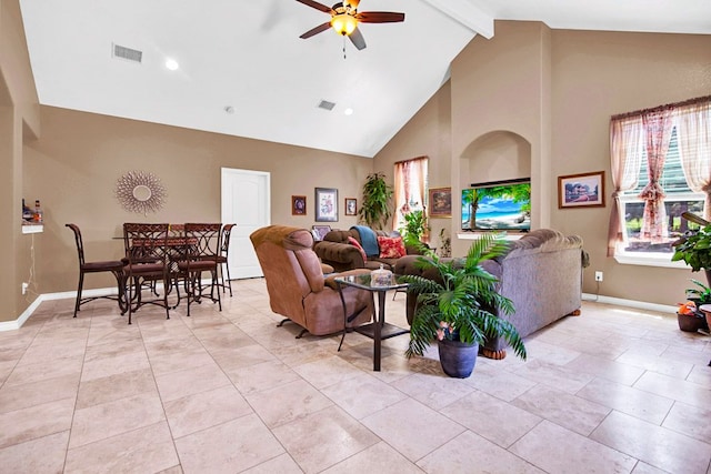 316 County Rd, Bastrop, TX 78602 - living area featuring ceiling fan, high vaulted ceiling, and beam ceiling