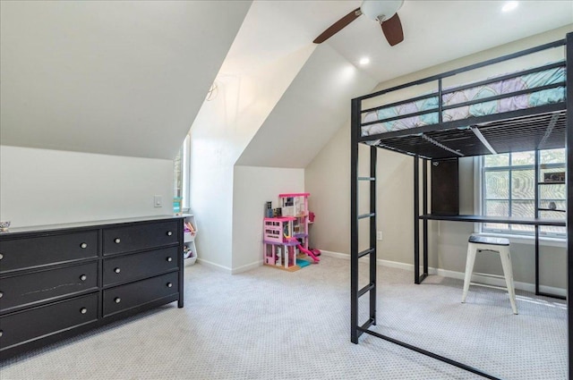 bedroom featuring ceiling fan, light carpet, baseboards, lofted ceiling, and recessed lighting