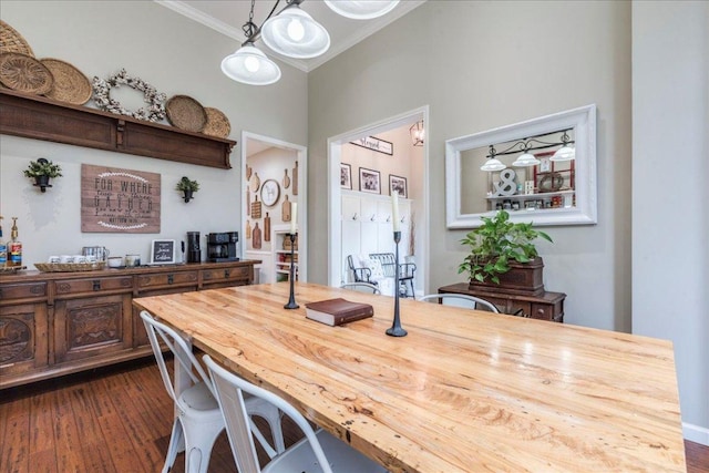 dining room with dark wood finished floors and crown molding