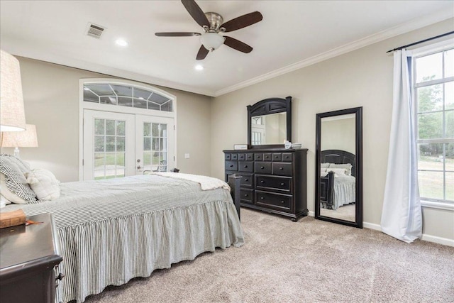 carpeted bedroom with french doors, baseboards, access to outside, and ornamental molding
