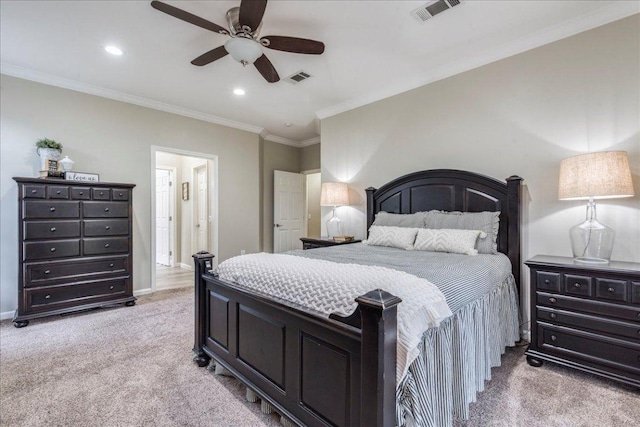 bedroom featuring light colored carpet, ornamental molding, visible vents, and recessed lighting