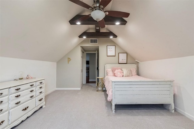 bedroom with light colored carpet, lofted ceiling, visible vents, and baseboards