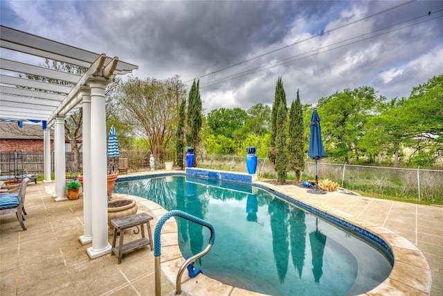 view of swimming pool featuring a pergola, a fenced in pool, a patio area, and a fenced backyard