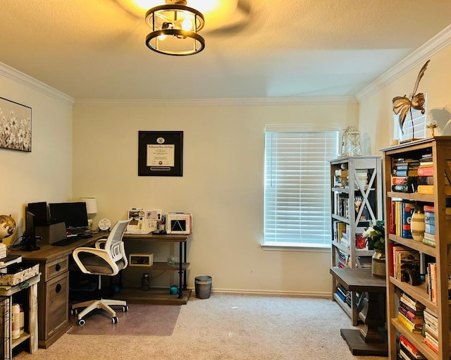 office space with baseboards, carpet floors, and ornamental molding
