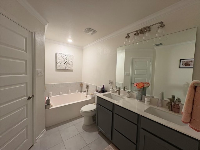 bathroom featuring tile patterned flooring, a garden tub, a sink, and crown molding