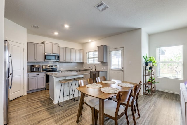 532 Greatest Gift Way, Jarrell, TX 76537 - kitchen featuring stainless steel appliances, gray cabinets, wood finished floors, and recessed lighting