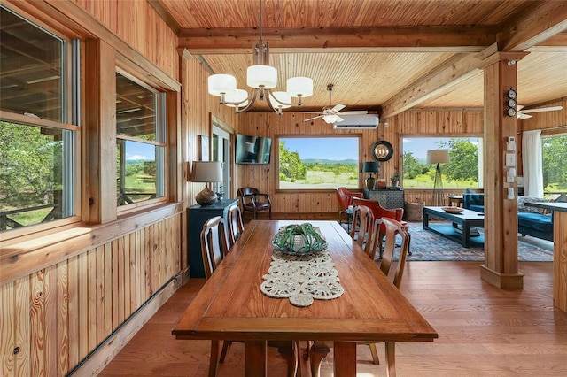 dining area with wooden walls, beam ceiling, light wood finished floors, and ceiling fan with notable chandelier