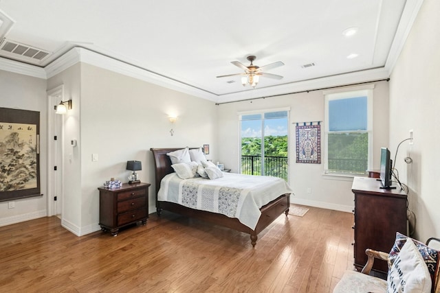 1204 Ogden Dr, Austin, TX 78733 - bedroom featuring access to exterior, ornamental molding, light wood finished floors, and a ceiling fan