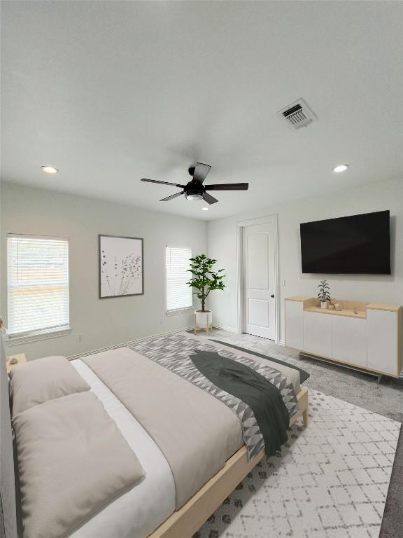 bedroom featuring a ceiling fan, visible vents, and recessed lighting