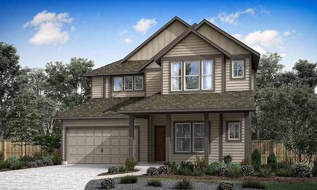 view of front of house featuring covered porch, an attached garage, fence, and driveway