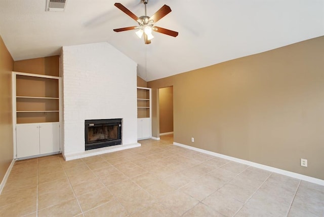 8142 Ceberry Dr Unit B, Austin, TX 78759 - unfurnished living room with built in shelves, a ceiling fan, a fireplace, baseboards, and lofted ceiling