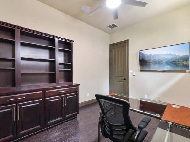 6120 Gunnison Turn Rd, Austin, TX 78738 - office featuring ceiling fan, dark wood finished floors, and baseboards