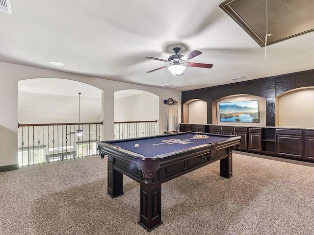 6120 Gunnison Turn Rd, Austin, TX 78738 - game room featuring carpet floors, ceiling fan, and pool table