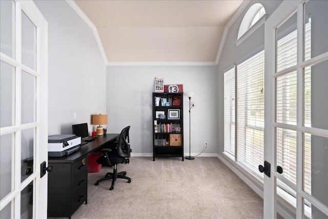 134 Brentwood Dr, Georgetown, TX 78628 - office space featuring french doors, light carpet, plenty of natural light, lofted ceiling, and baseboards