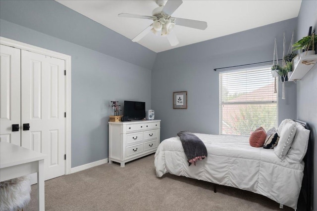 134 Brentwood Dr, Georgetown, TX 78628 - bedroom featuring carpet, a ceiling fan, vaulted ceiling, and baseboards