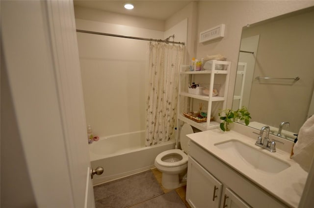 2504 Indian Clover Trl, Leander, TX 78641 - bathroom with toilet, vanity, shower / bathtub combination with curtain, and tile patterned flooring