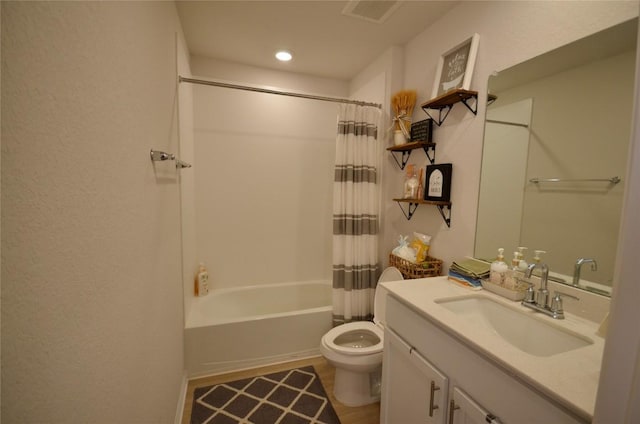 2504 Indian Clover Trl, Leander, TX 78641 - full bath featuring toilet, vanity, shower / tub combo, and recessed lighting