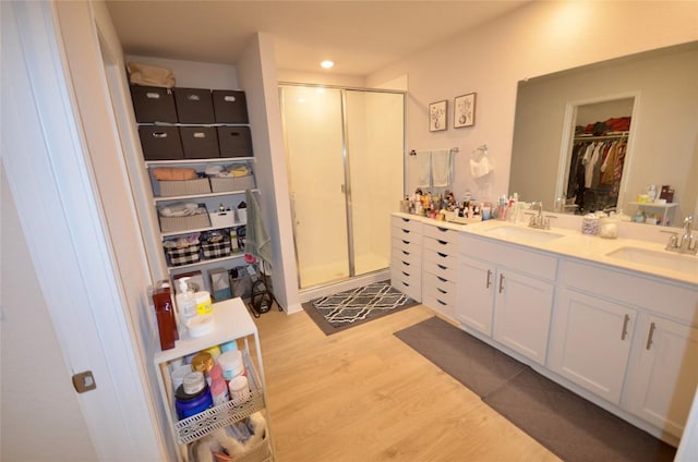 2504 Indian Clover Trl, Leander, TX 78641 - bathroom featuring a stall shower, wood finished floors, double vanity, and a walk in closet