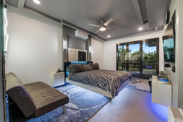 bedroom featuring recessed lighting, a ceiling fan, access to exterior, a wall mounted AC, and concrete flooring