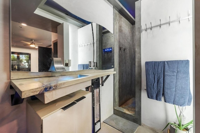 full bath featuring a walk in shower and a ceiling fan