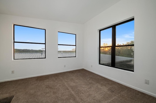 spare room with baseboards and dark colored carpet