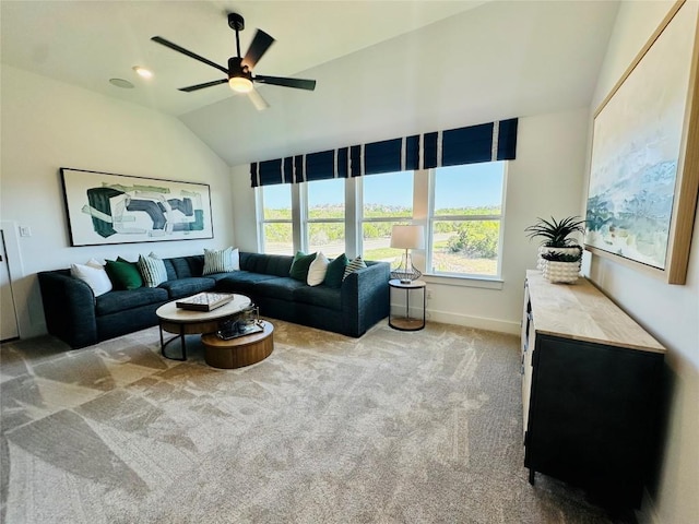 1603 Headwaters Blvd, Dripping Springs, TX 78620 - living area with ceiling fan, vaulted ceiling, carpet floors, and baseboards