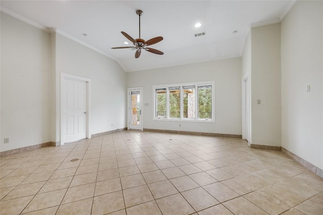 5004 Arrowhead Dr, Lago Vista, TX 78645 - unfurnished room with ornamental molding, a ceiling fan, light tile patterned floors, baseboards, and high vaulted ceiling