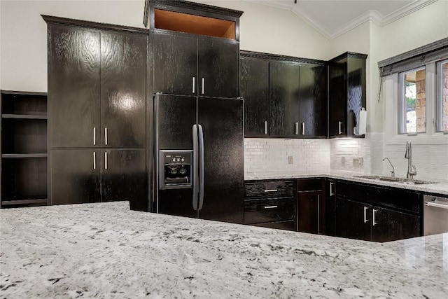 5004 Arrowhead Dr, Lago Vista, TX 78645 - kitchen featuring a sink, crown molding, light stone counters, tasteful backsplash, and dishwasher