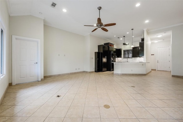 5004 Arrowhead Dr, Lago Vista, TX 78645 - unfurnished living room with ornamental molding, a ceiling fan, light tile patterned flooring, baseboards, and recessed lighting