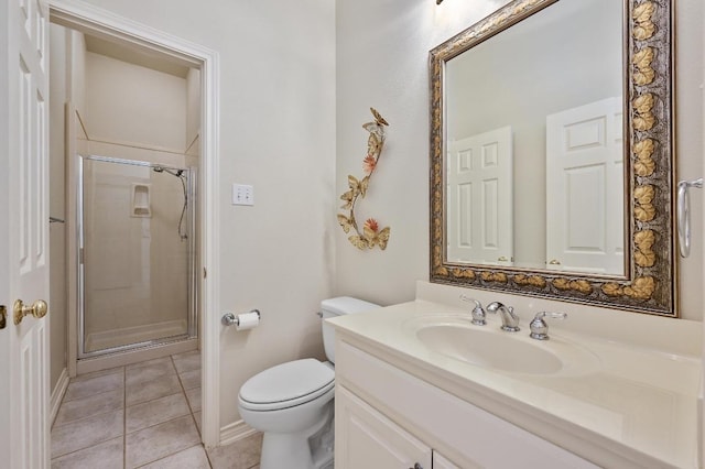 bathroom featuring a shower stall, tile patterned floors, toilet, vanity, and baseboards