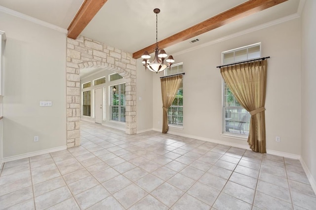 interior space featuring visible vents, light tile patterned floors, beam ceiling, baseboards, and a chandelier