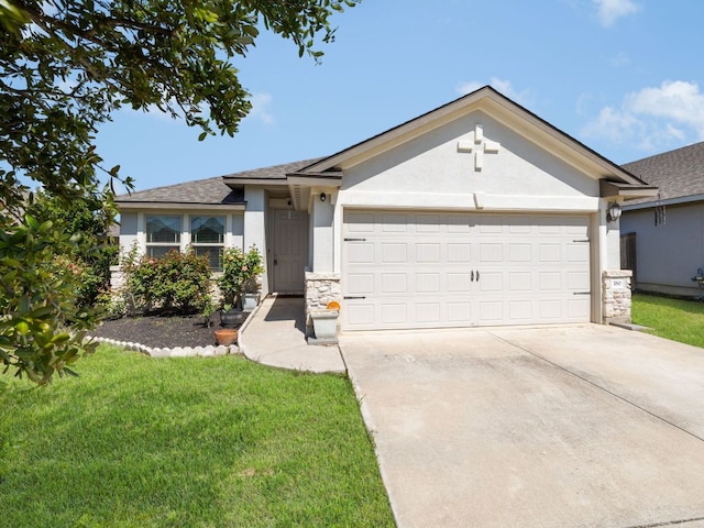 180 Tailwind Dr, Kyle, TX 78640 - ranch-style home with stucco siding, a garage, stone siding, and concrete driveway