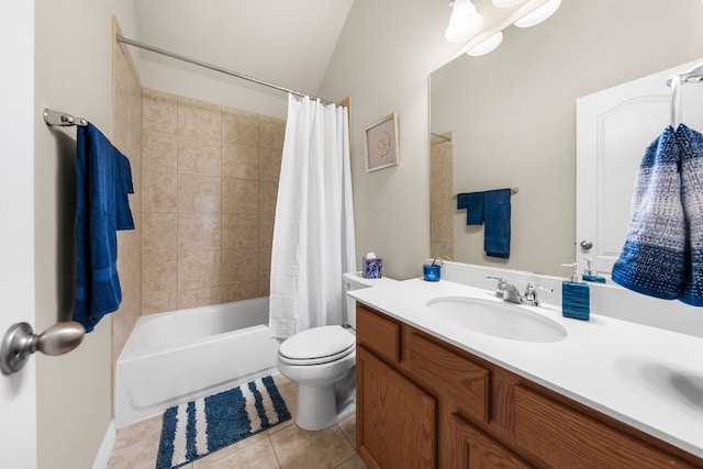 535 Tranquility Mtn, Buda, TX 78610 - bathroom with tile patterned floors, double vanity, shower / tub combo, toilet, and lofted ceiling