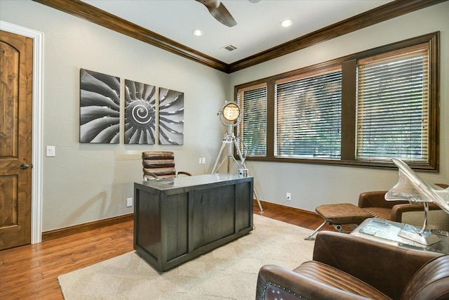 5711 Pool Canyon Cv, Austin, TX 78734 - office featuring ornamental molding, wood finished floors, baseboards, ceiling fan, and recessed lighting