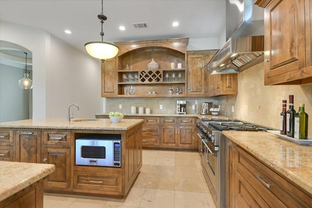 5711 Pool Canyon Cv, Austin, TX 78734 - kitchen featuring wall chimney exhaust hood, stainless steel appliances, open shelves, brown cabinetry, and a sink