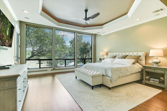 5711 Pool Canyon Cv, Austin, TX 78734 - bedroom featuring ornamental molding, a raised ceiling, wood finished floors, and a ceiling fan