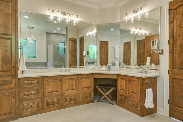 5711 Pool Canyon Cv, Austin, TX 78734 - full bath featuring ornamental molding, a shower stall, double vanity, and a garden tub
