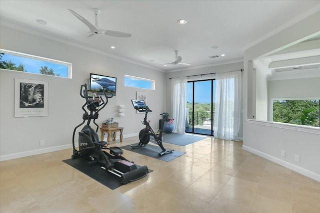 5711 Pool Canyon Cv, Austin, TX 78734 - exercise area featuring healthy amount of natural light, crown molding, recessed lighting, baseboards, and a ceiling fan