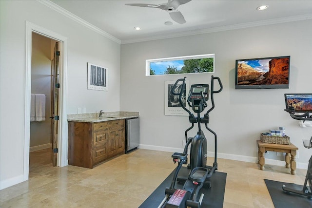 5711 Pool Canyon Cv, Austin, TX 78734 - exercise area with crown molding, ceiling fan, recessed lighting, baseboards, and a sink