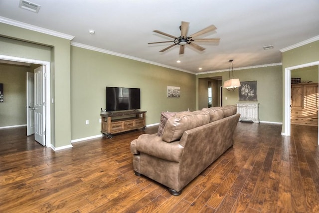 802 Apache Mountain Ln, Georgetown, TX 78633 - living room with dark wood-style floors, ceiling fan, baseboards, ornamental molding, and recessed lighting