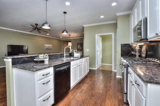 802 Apache Mountain Ln, Georgetown, TX 78633 - kitchen featuring stainless steel appliances, a sink, ceiling fan, baseboards, and crown molding