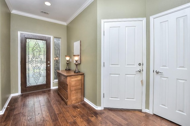 802 Apache Mountain Ln, Georgetown, TX 78633 - entryway with ornamental molding, dark wood-type flooring, and baseboards