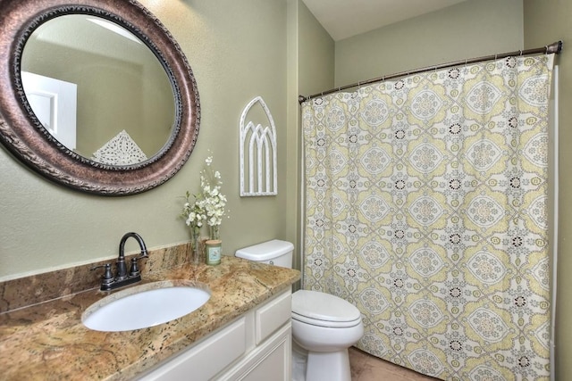 802 Apache Mountain Ln, Georgetown, TX 78633 - bathroom featuring toilet, vanity, a shower with shower curtain, and tile patterned floors