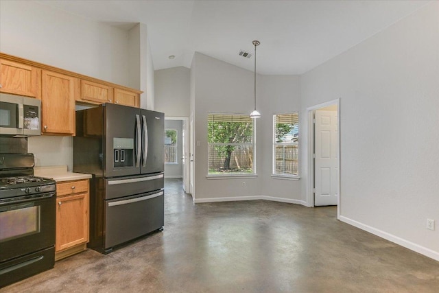 kitchen featuring light countertops, baseboards, finished concrete floors, black appliances, and high vaulted ceiling