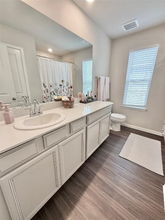 793 Lone Peak Way, Dripping Springs, TX 78620 - bathroom featuring double vanity, wood finished floors, curtained shower, and recessed lighting
