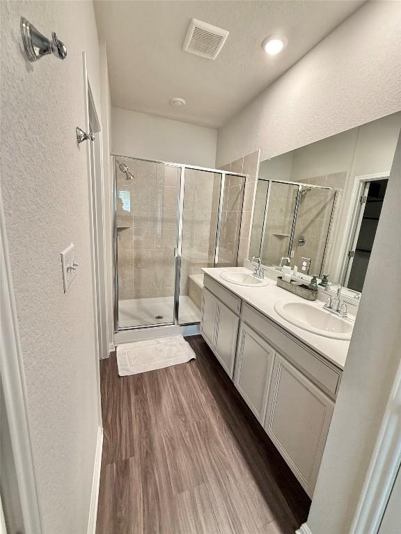 793 Lone Peak Way, Dripping Springs, TX 78620 - full bath featuring a shower stall, double vanity, wood finished floors, and a textured wall