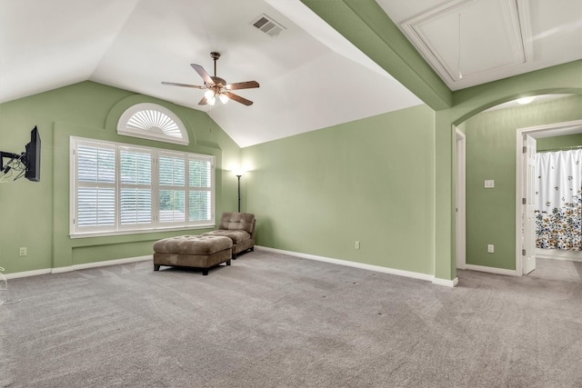 3820 Lagoona Dr, Round Rock, TX 78681 - living area with attic access, ceiling fan, carpet flooring, lofted ceiling, and baseboards