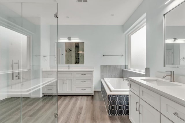 3820 Lagoona Dr, Round Rock, TX 78681 - full bath with a stall shower, two vanities, a garden tub, and wood finished floors
